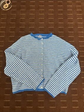 Altar'd State Blue & White Striped Button-Up Cardigan